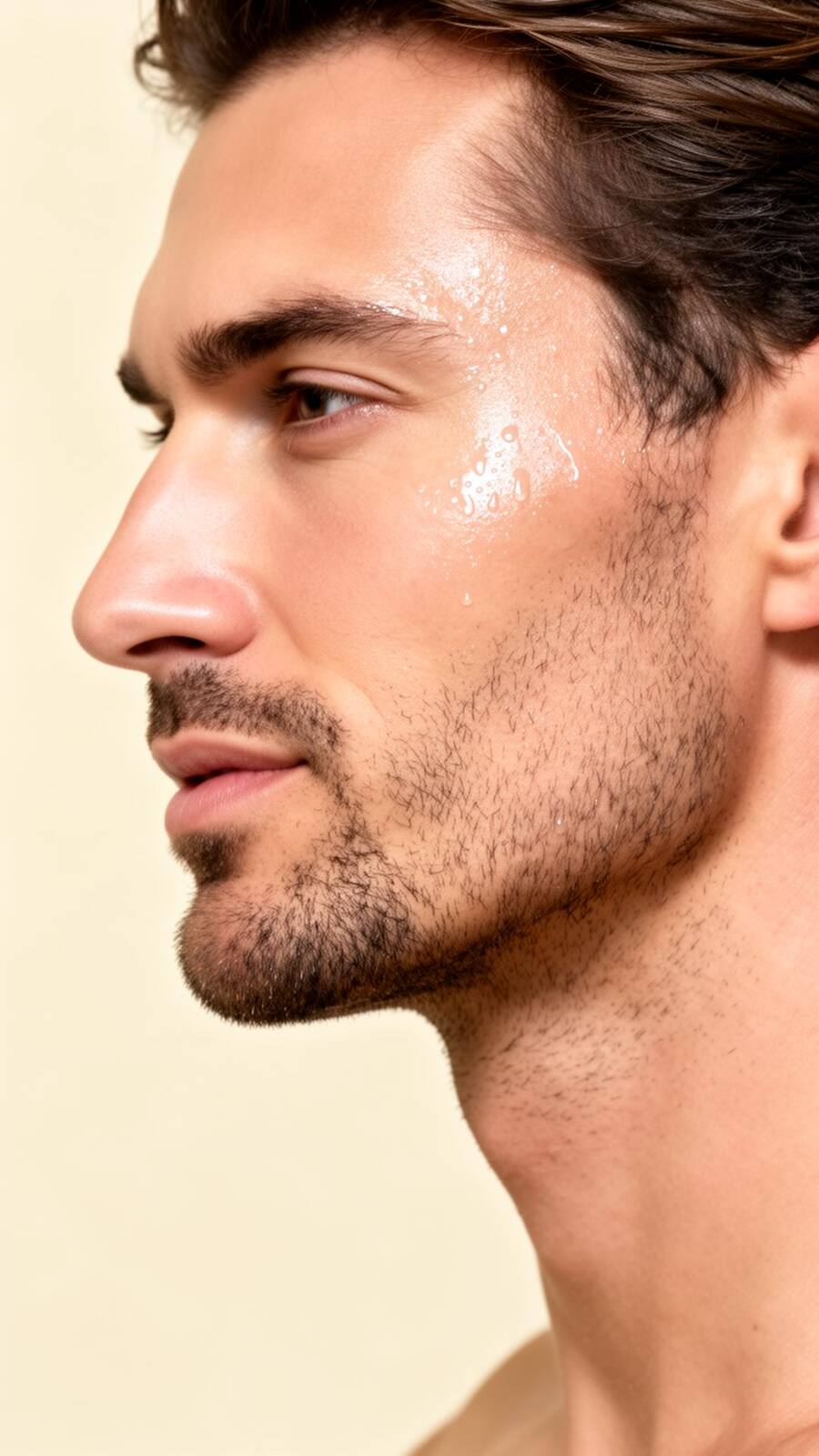 Profile of a man with clean hydrated skin against a neutral background